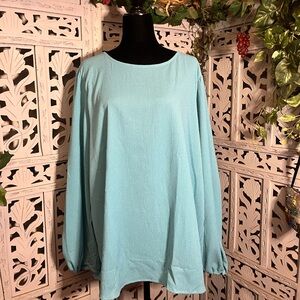 LULAROE LIGHT TURQUOISE BLUE TEXTURED BUTTON BACK BLOUSY LONG SLEEVES PLUS TOP